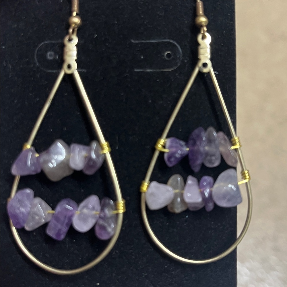Earrings Amethyst stones Custom teardrop gold wire-wrapped handmade